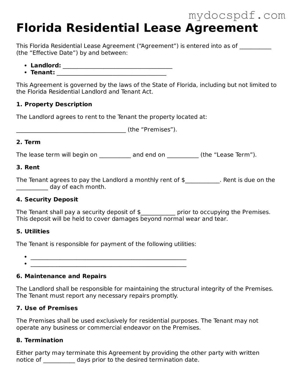 Fillable Florida Residential Lease Agreement Document