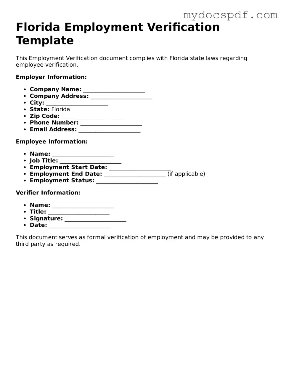 Fillable Florida Employment Verification Document