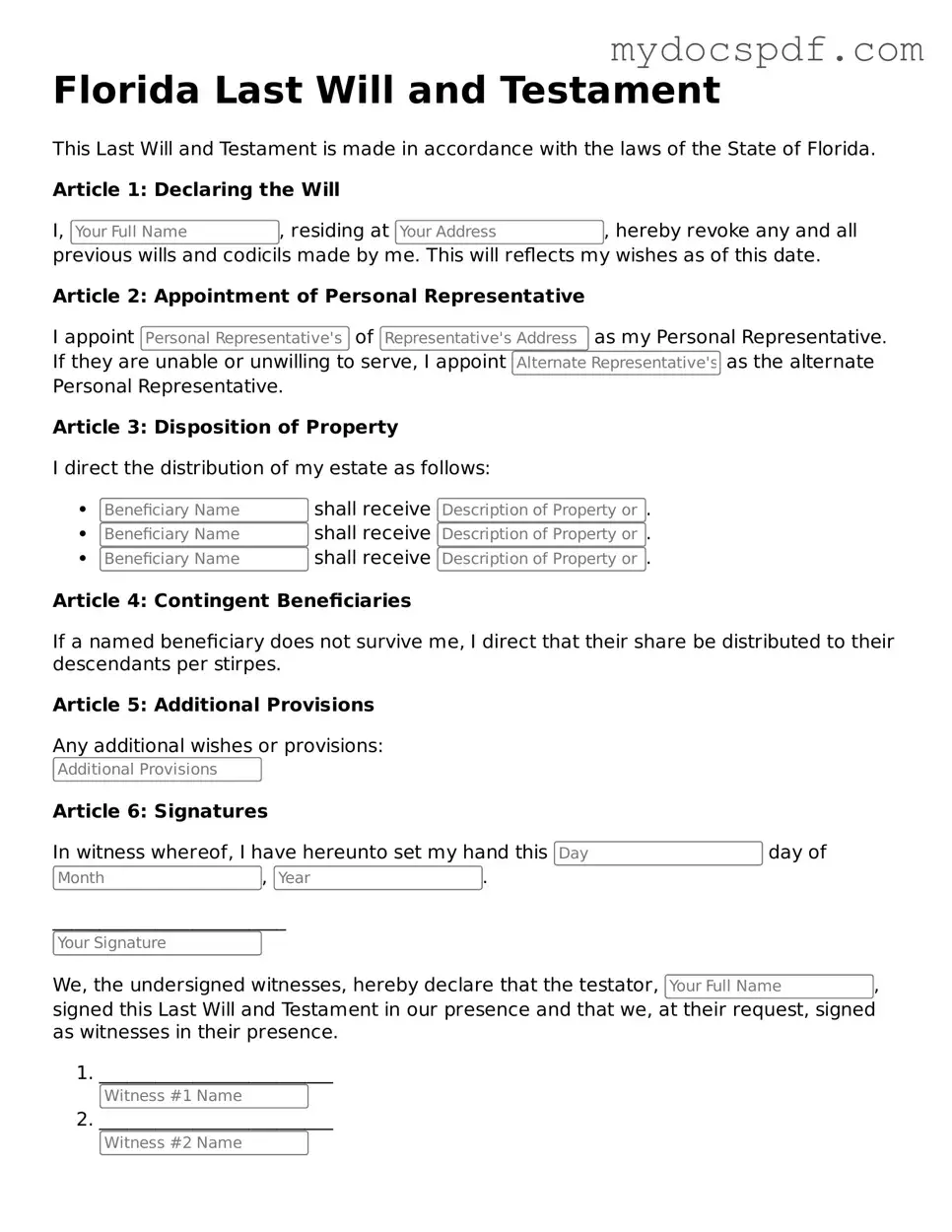 Fillable Florida Last Will and Testament Document