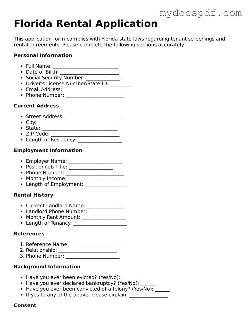 Fillable Florida Rental Application Document