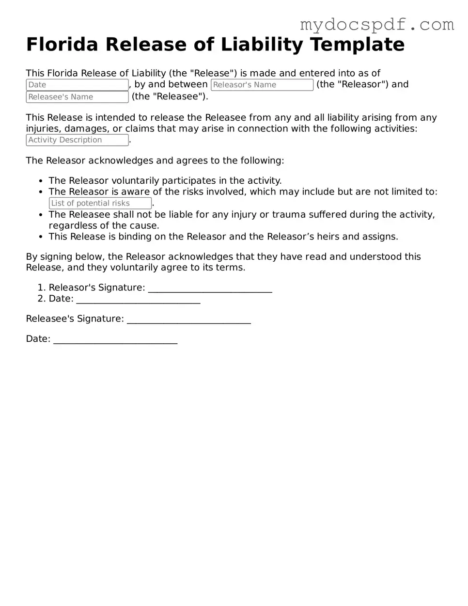 Fillable Florida Release of Liability Document