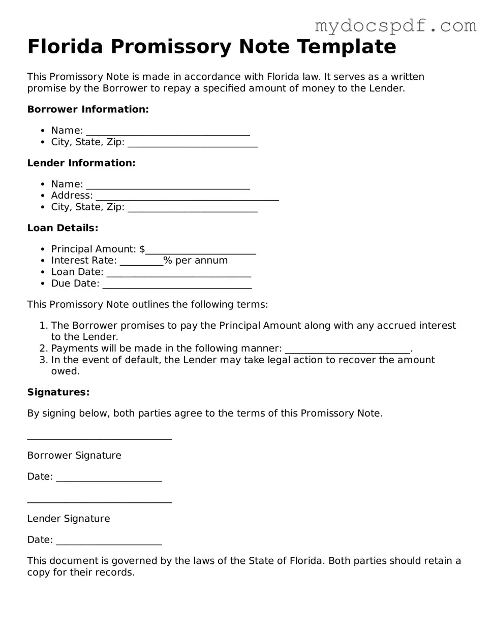 Fillable Florida Promissory Note Document