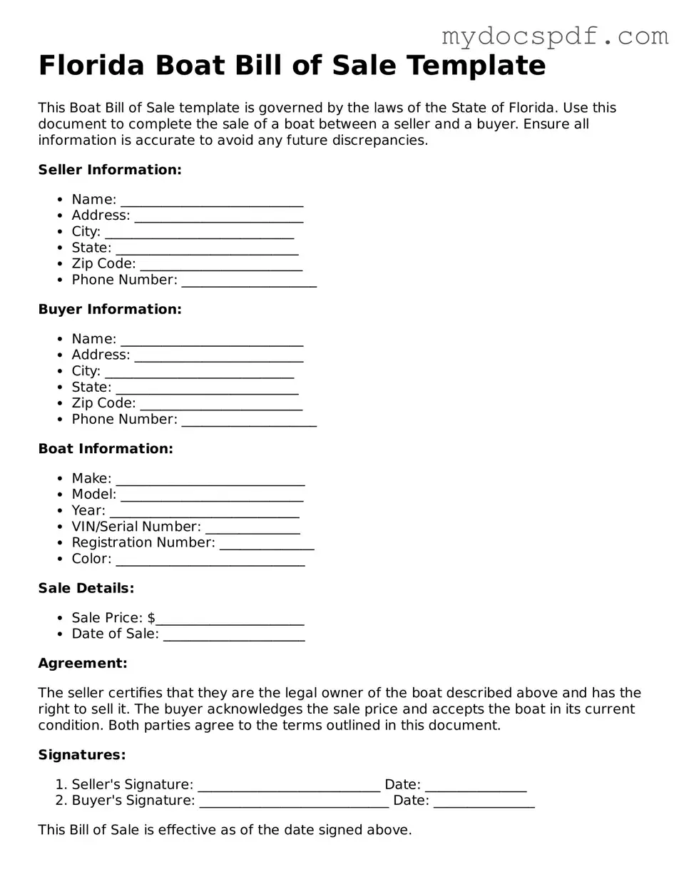 Fillable Florida Boat Bill of Sale Document
