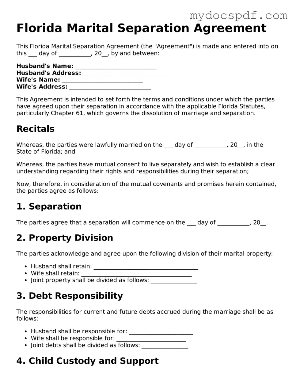 Fillable Florida Marital Separation Agreement Document