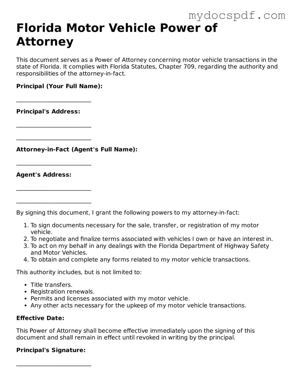 Fillable Florida Motor Vehicle Power of Attorney Document