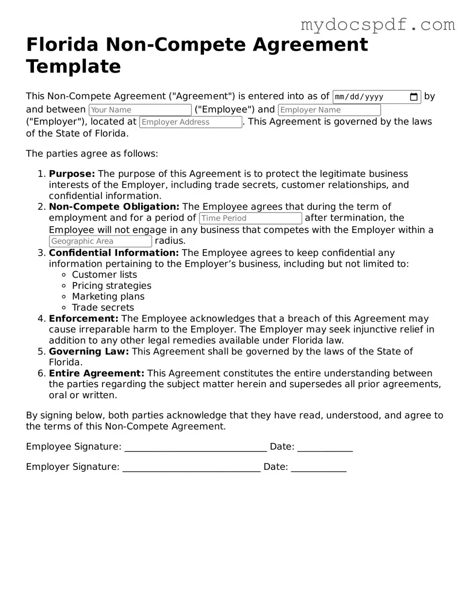 Fillable Florida Non-compete Agreement Document