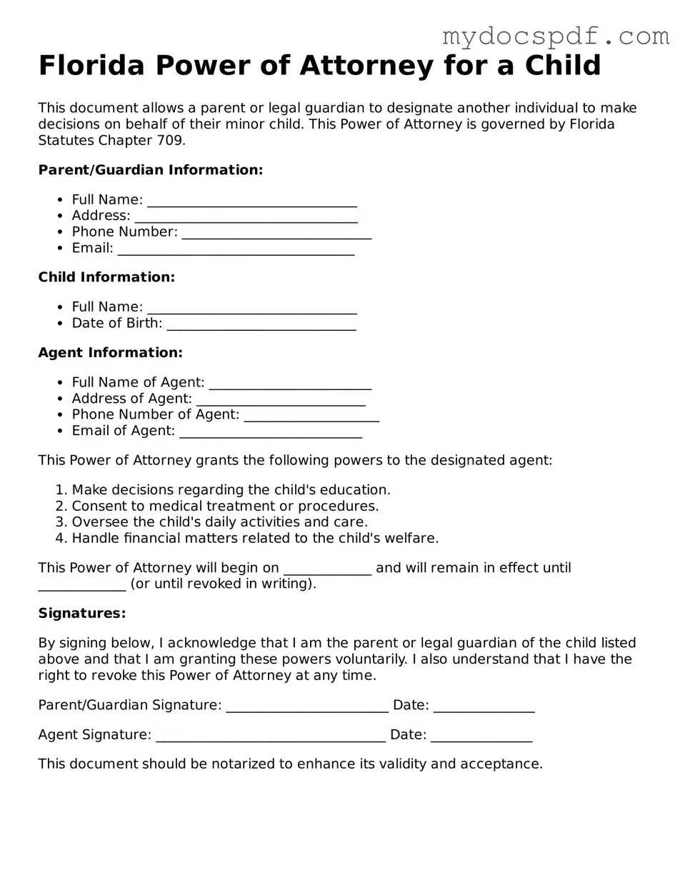 Fillable Florida Power of Attorney for a Child Document