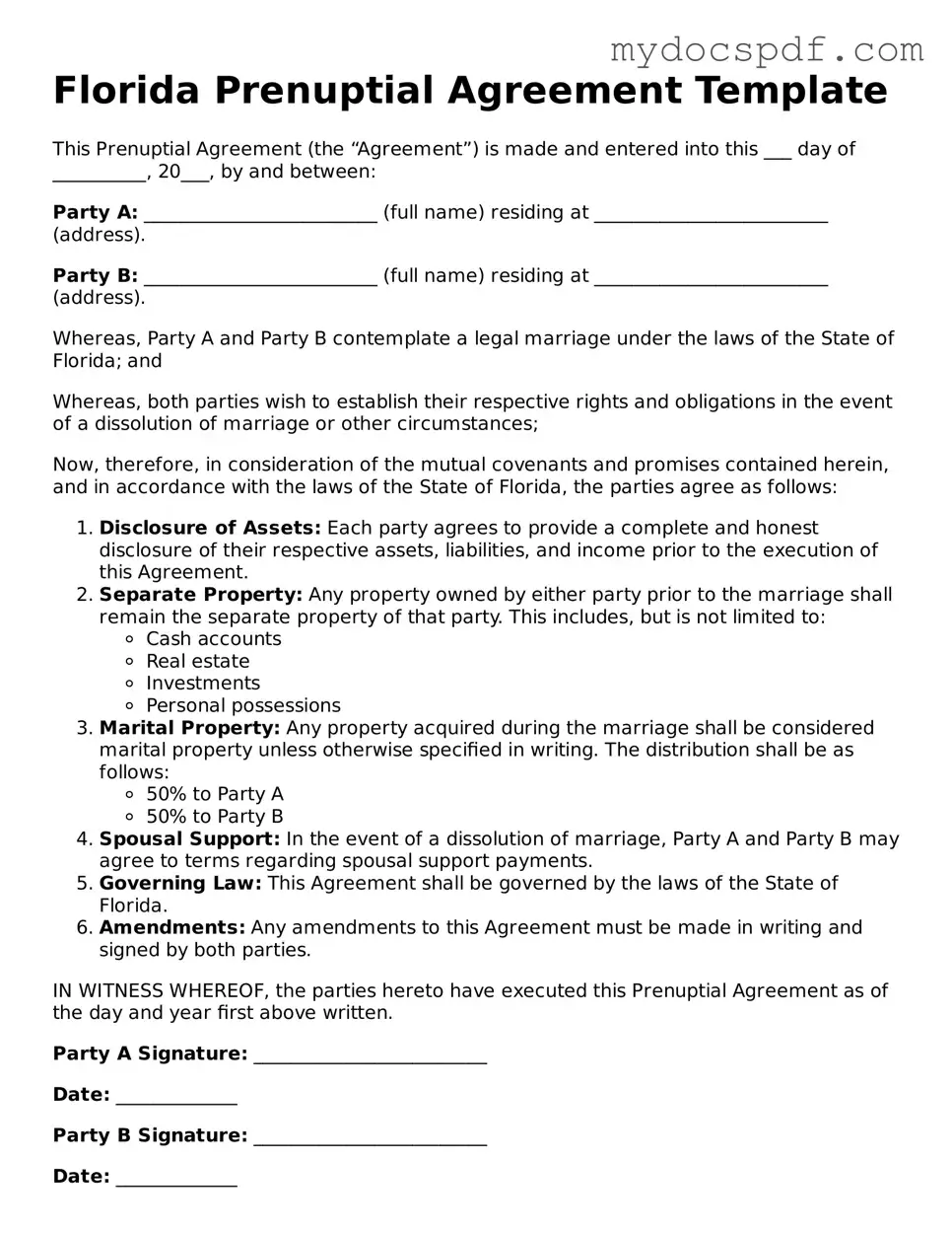 Fillable Florida Prenuptial Agreement Document