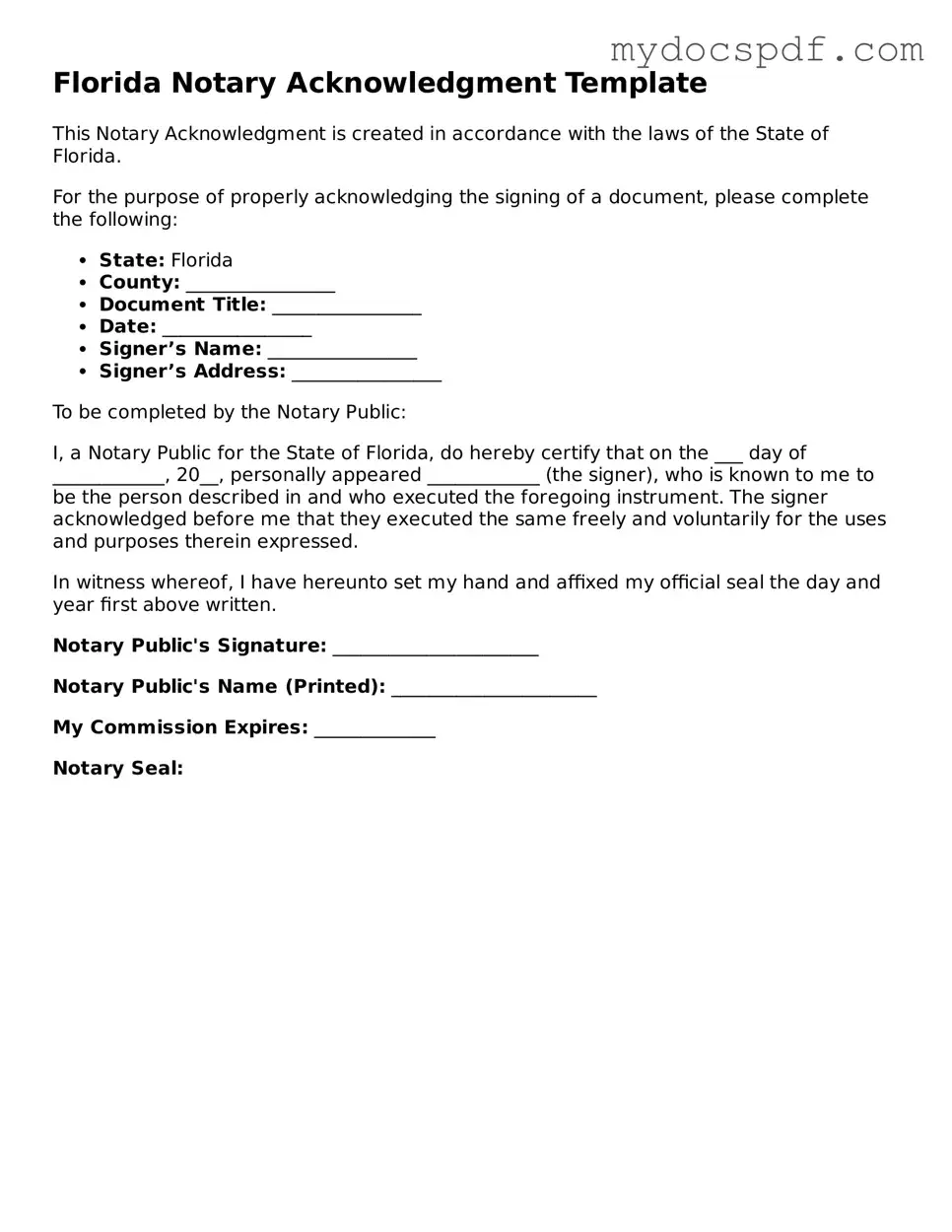 Fillable Florida Notary Acknowledgement Document