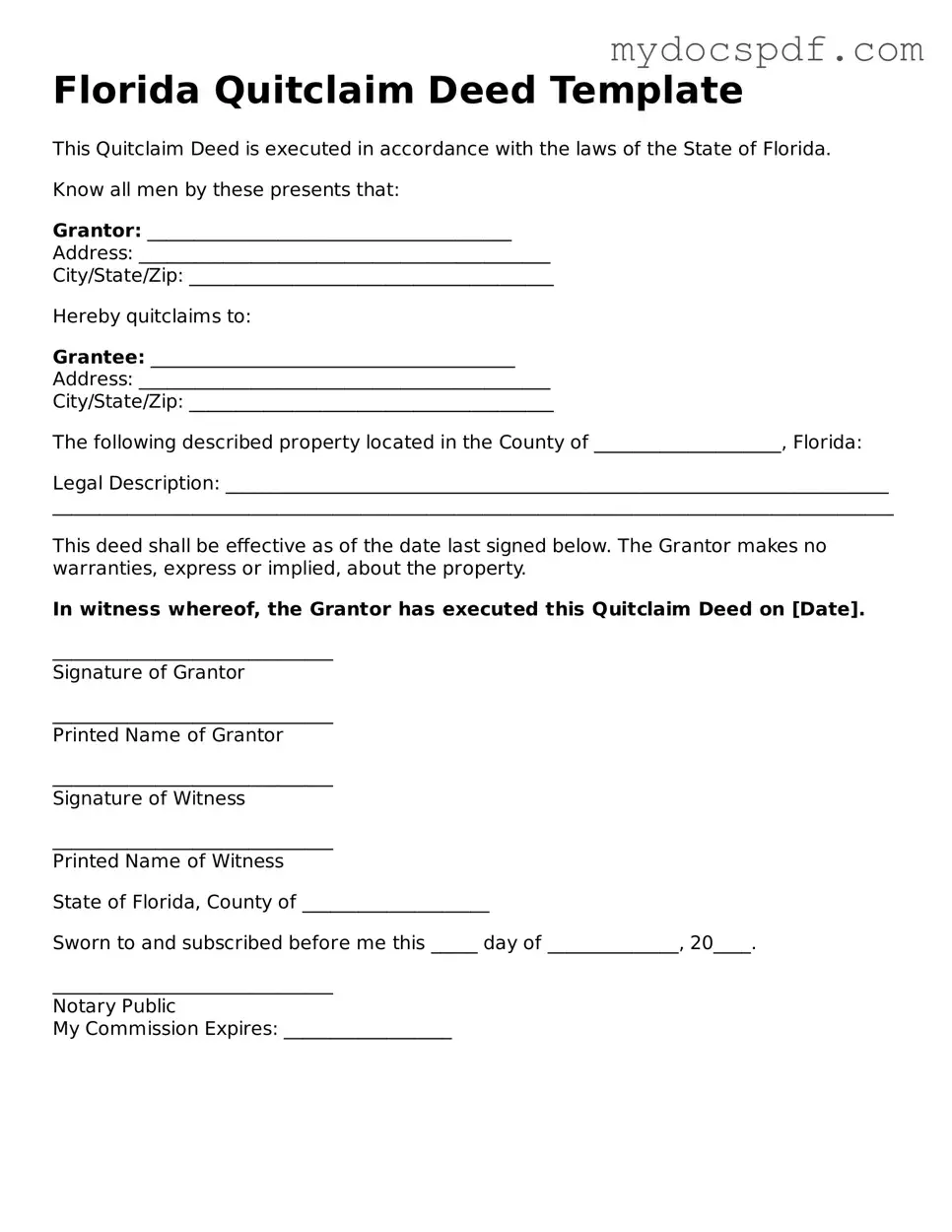 Fillable Florida Quitclaim Deed Document