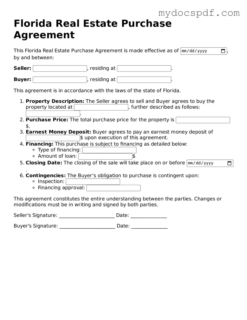 Fillable Florida Real Estate Purchase Agreement Document