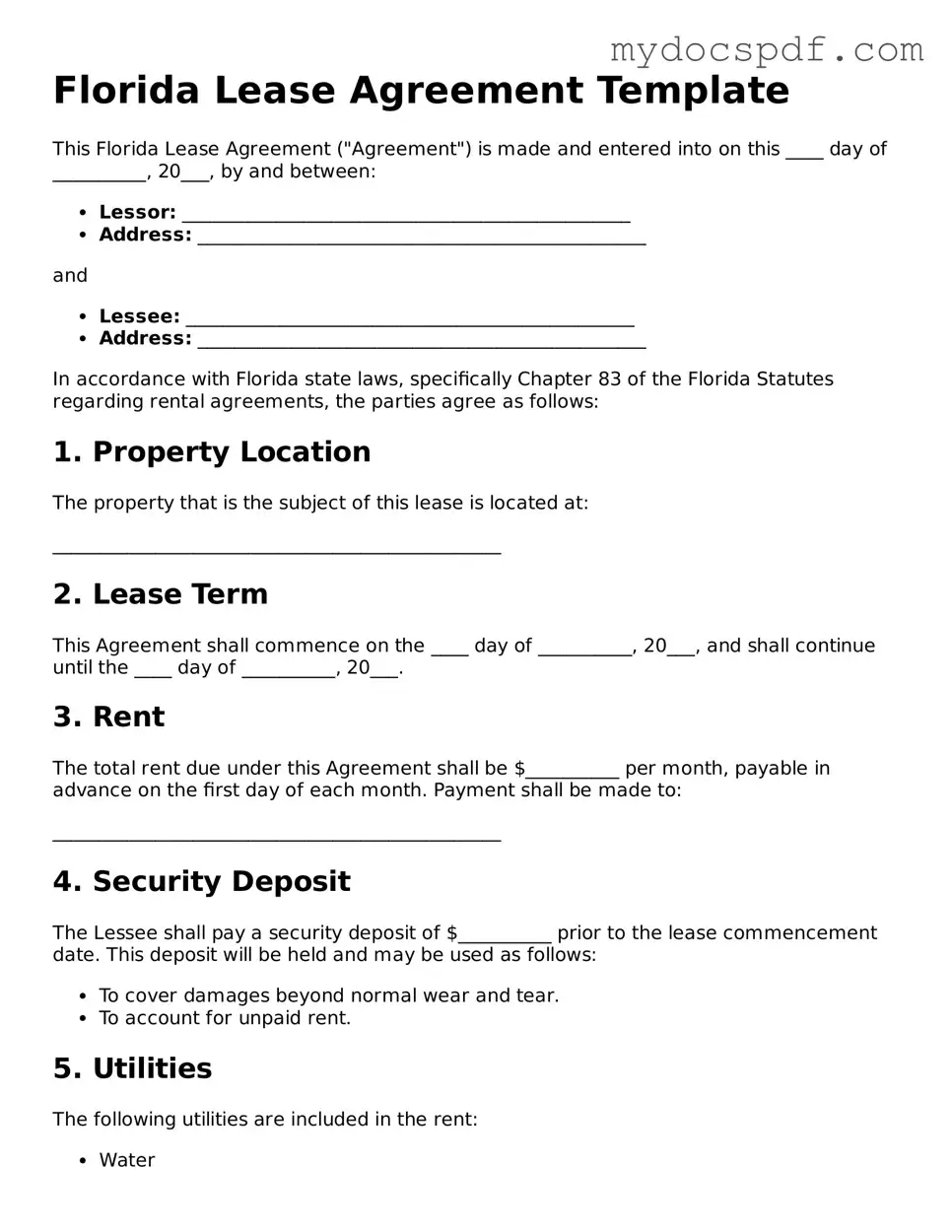Fillable Florida Lease Agreement Document
