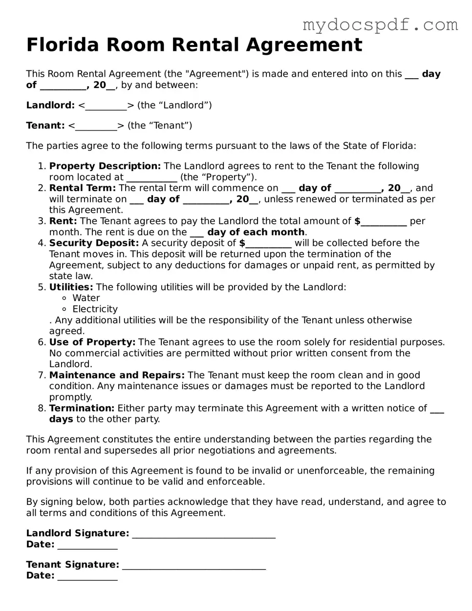 Fillable Florida Room Rental Agreement Document