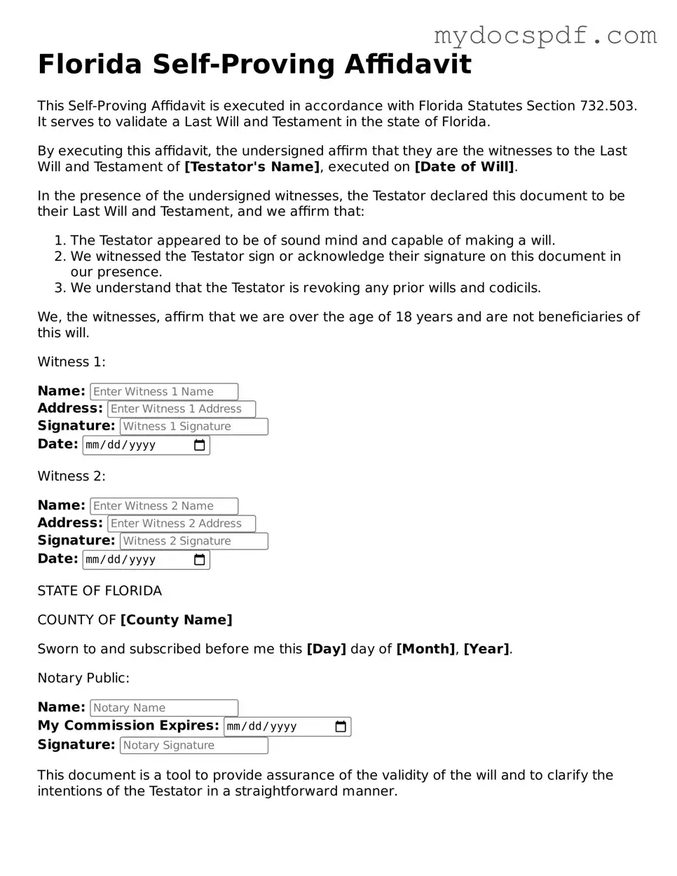 Fillable Florida Self-Proving Affidavit Document