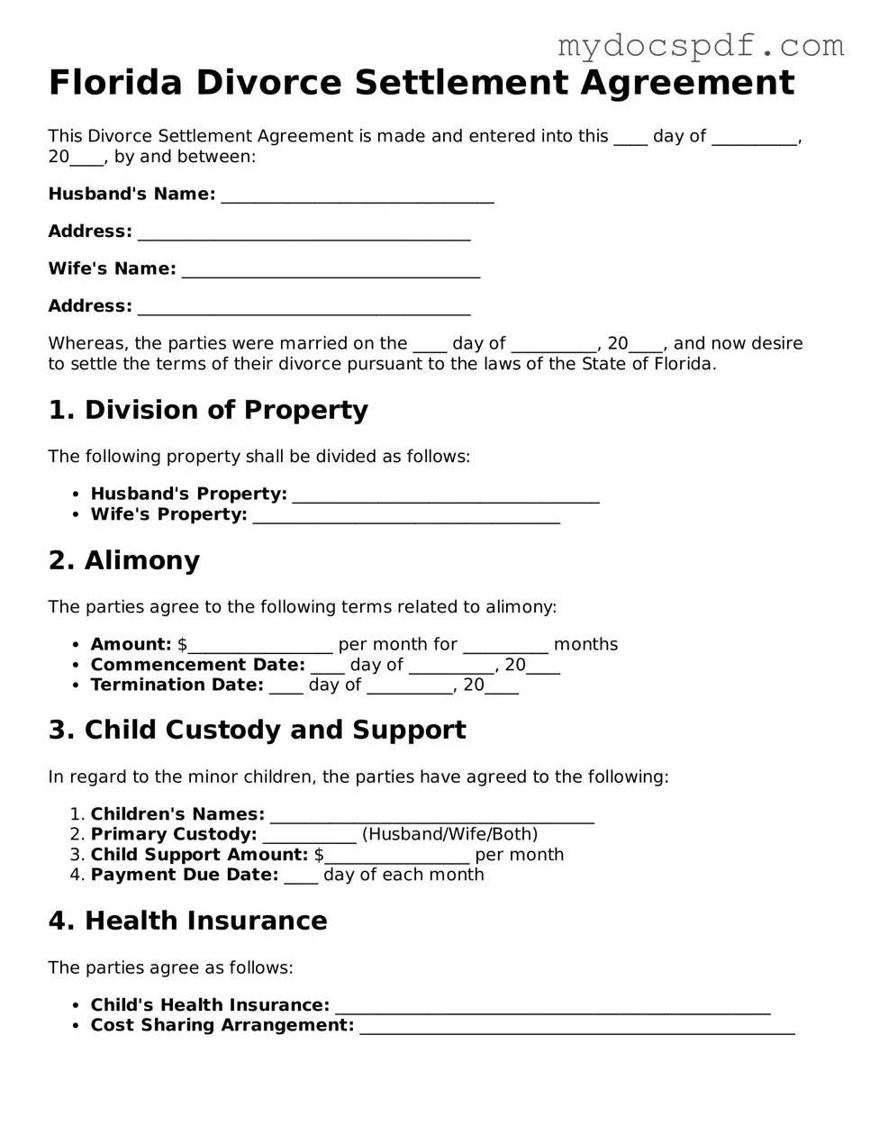 Fillable Florida Divorce Settlement Agreement Document