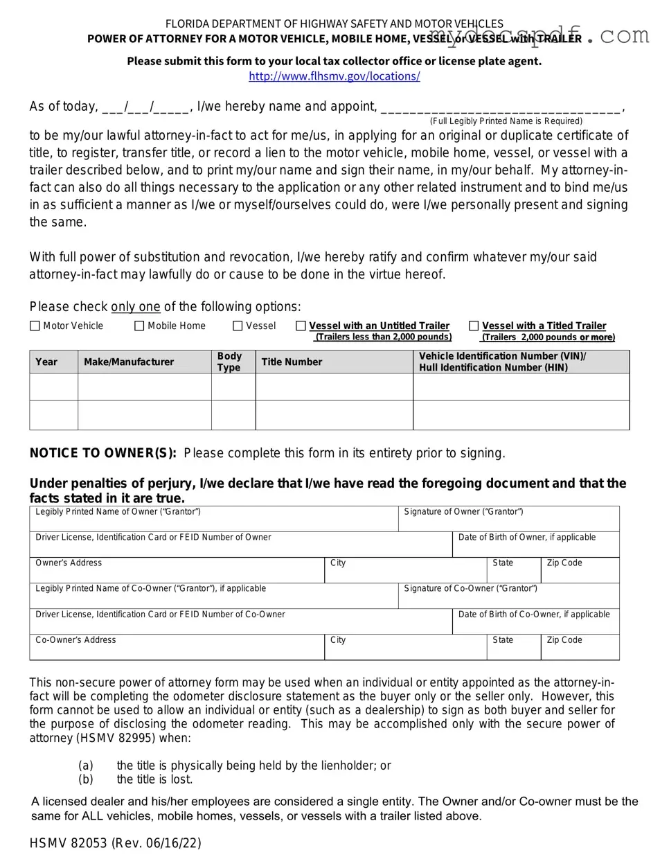 Get Florida Vehicle POA form 82053 Form in PDF
