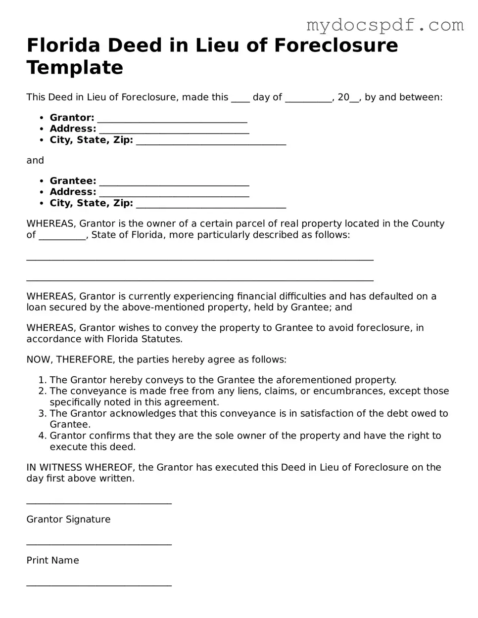 Fillable Florida Deed in Lieu of Foreclosure Document