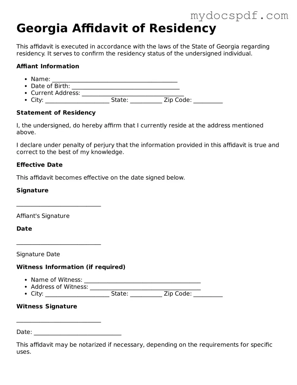 Fillable Georgia Affidavit of Residency Document