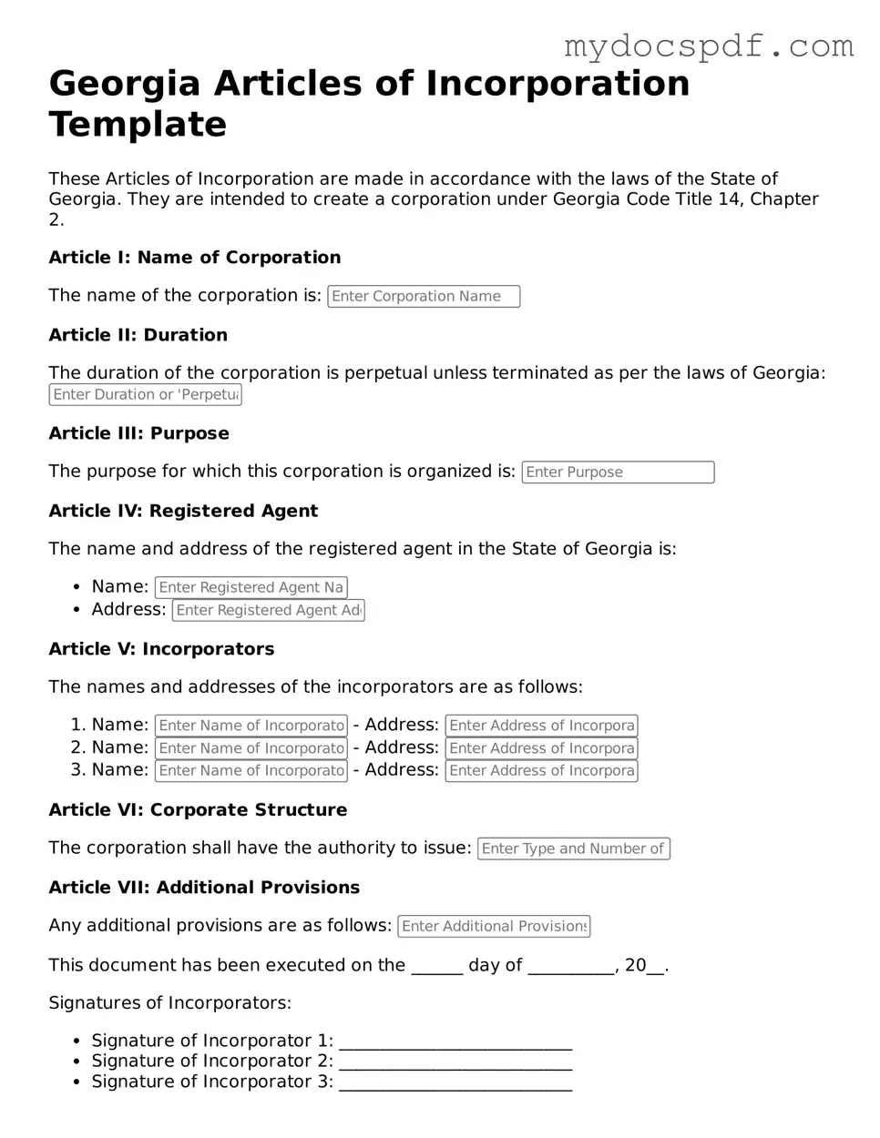 Fillable Georgia Articles of Incorporation Document