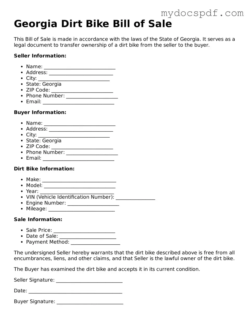 Fillable Georgia Dirt Bike Bill of Sale Document