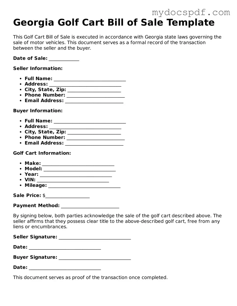 Fillable Georgia Golf Cart Bill of Sale Document