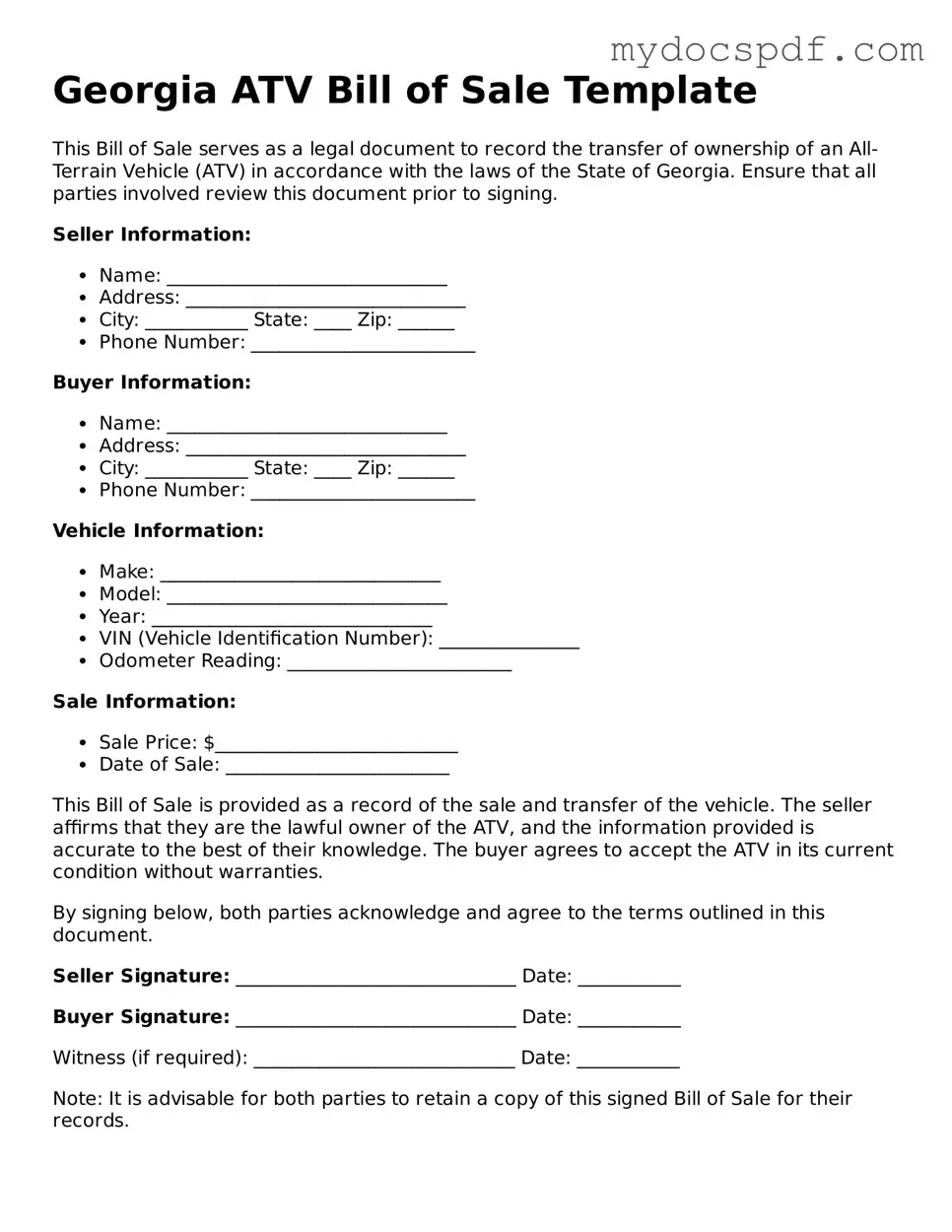 Fillable Georgia ATV Bill of Sale Document