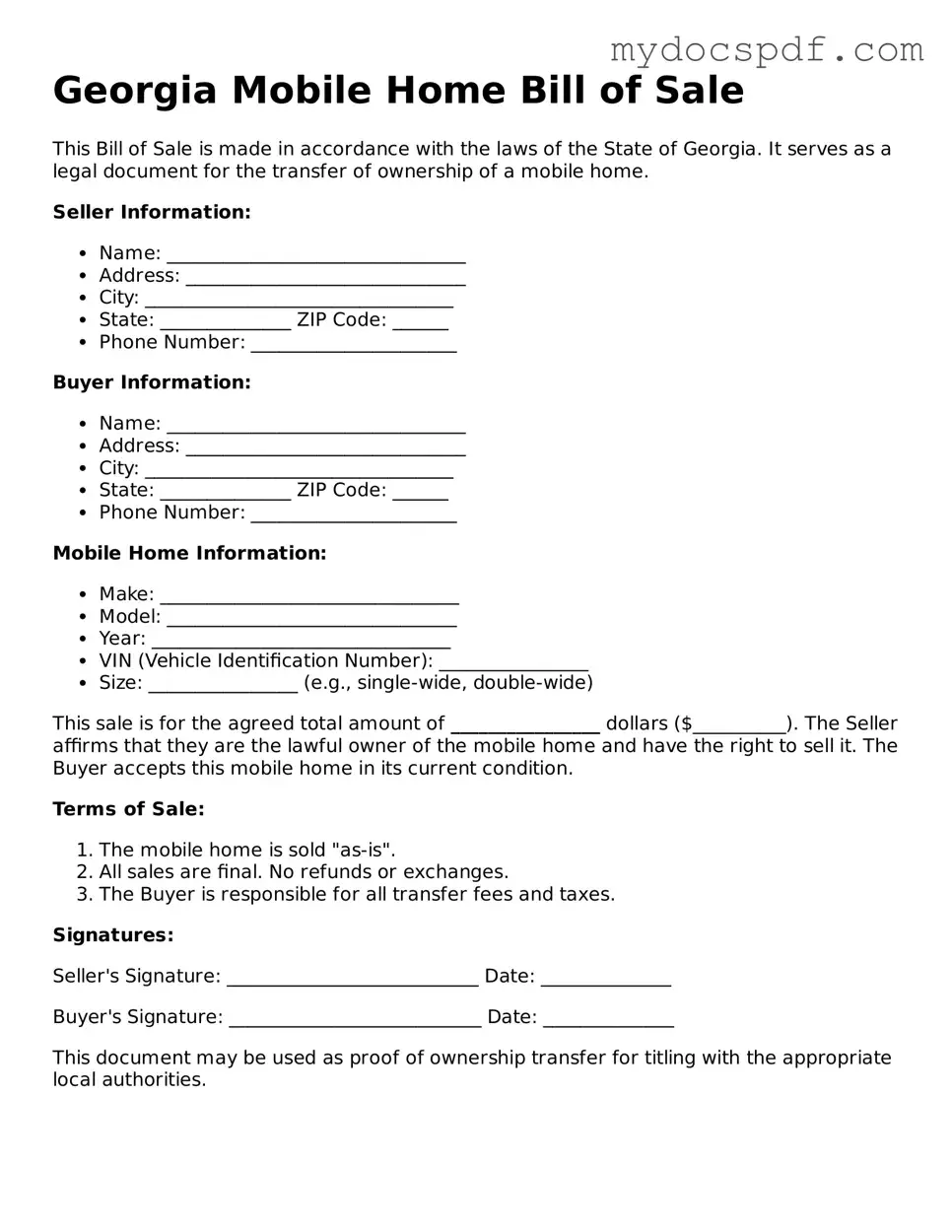 Fillable Georgia Mobile Home Bill of Sale Document