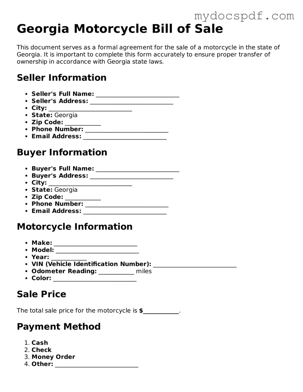 Fillable Georgia Motorcycle Bill of Sale Document