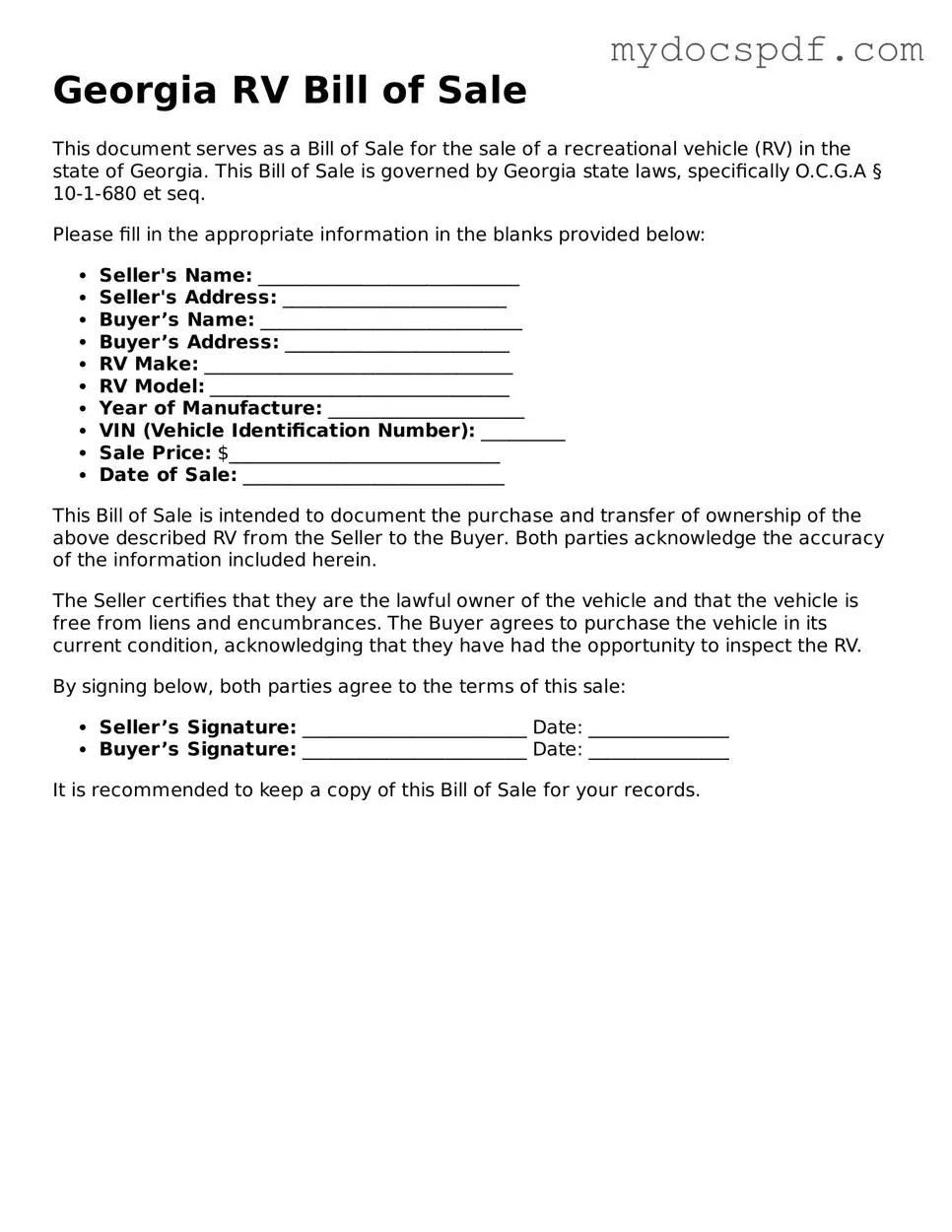 Fillable Georgia RV Bill of Sale Document
