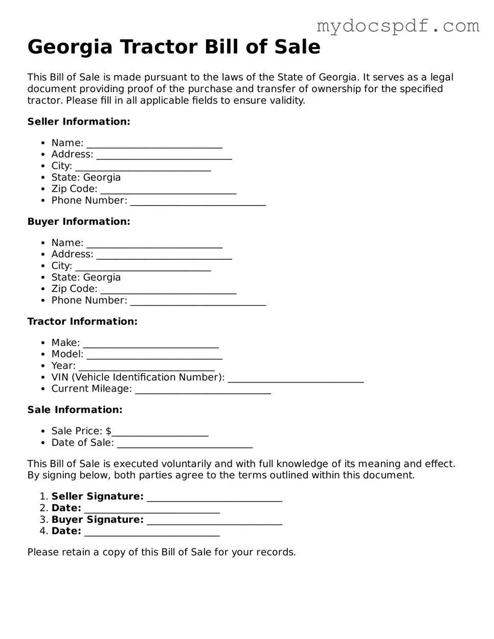 Fillable Georgia Tractor Bill of Sale Document