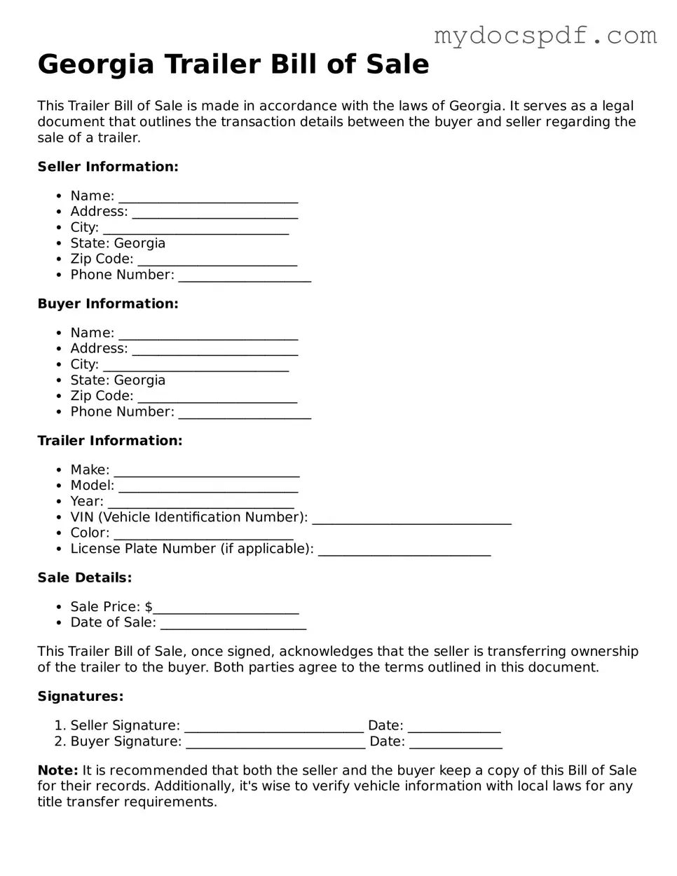 Fillable Georgia Trailer Bill of Sale Document