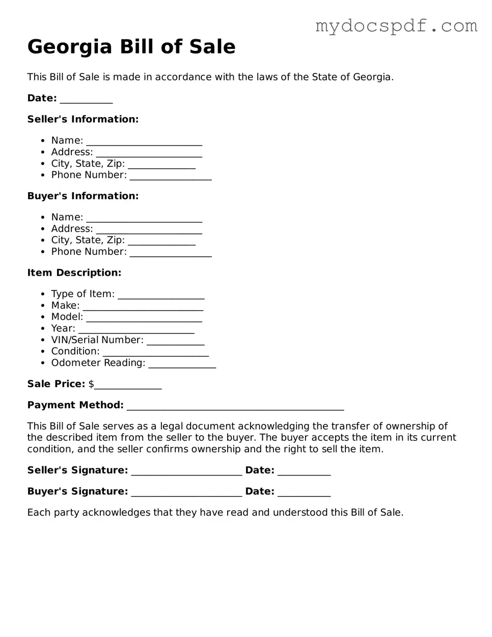 Fillable Georgia Bill of Sale Document