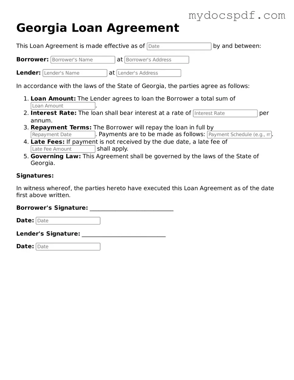 Fillable Georgia Loan Agreement Document
