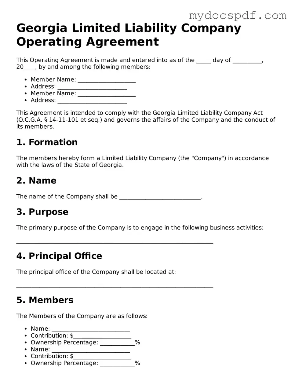 Fillable Georgia Operating Agreement Document