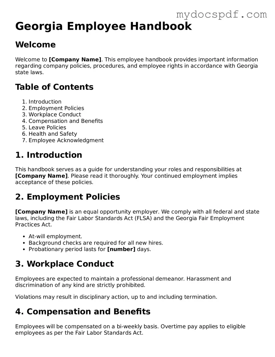 Fillable Georgia Employee Handbook Document