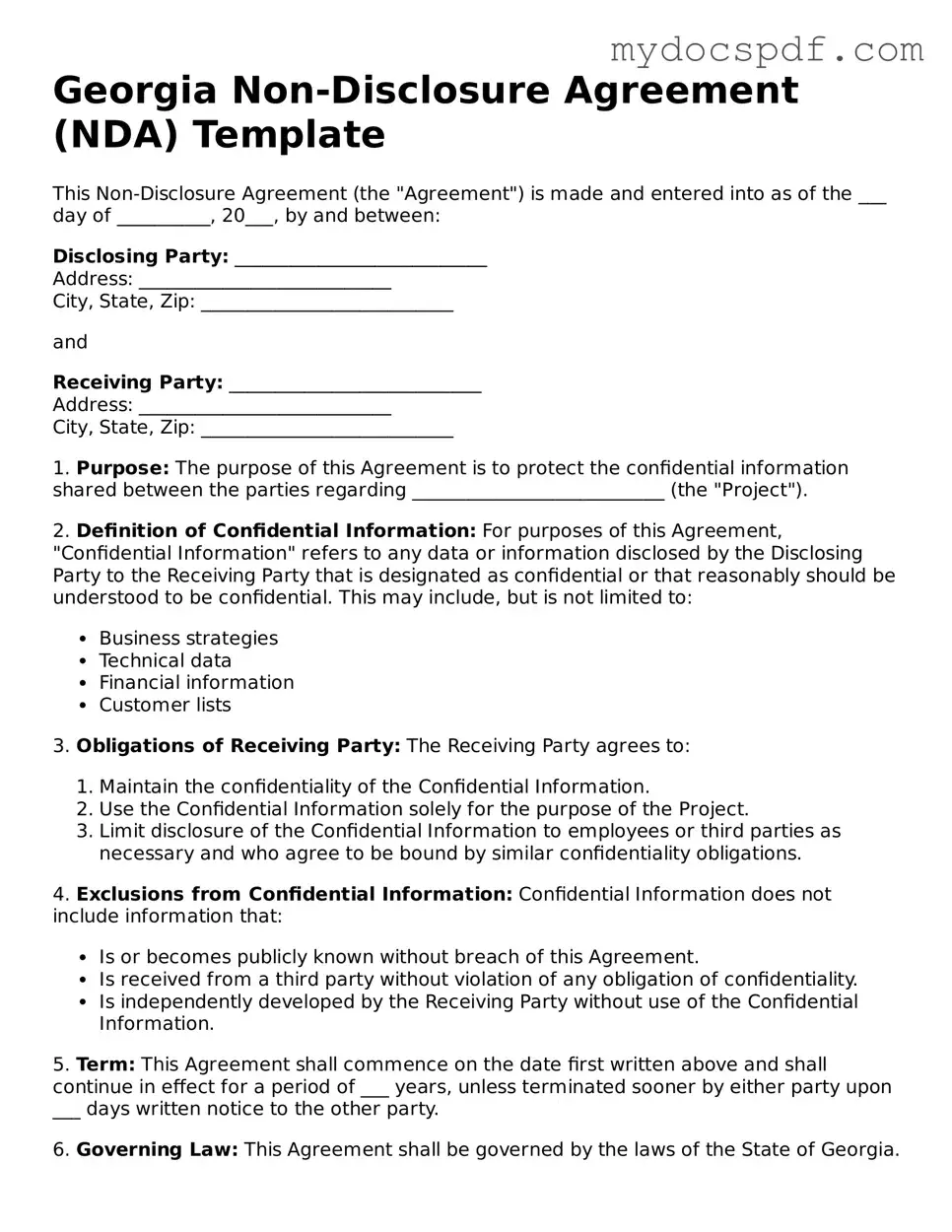 Fillable Georgia Non-disclosure Agreement Document