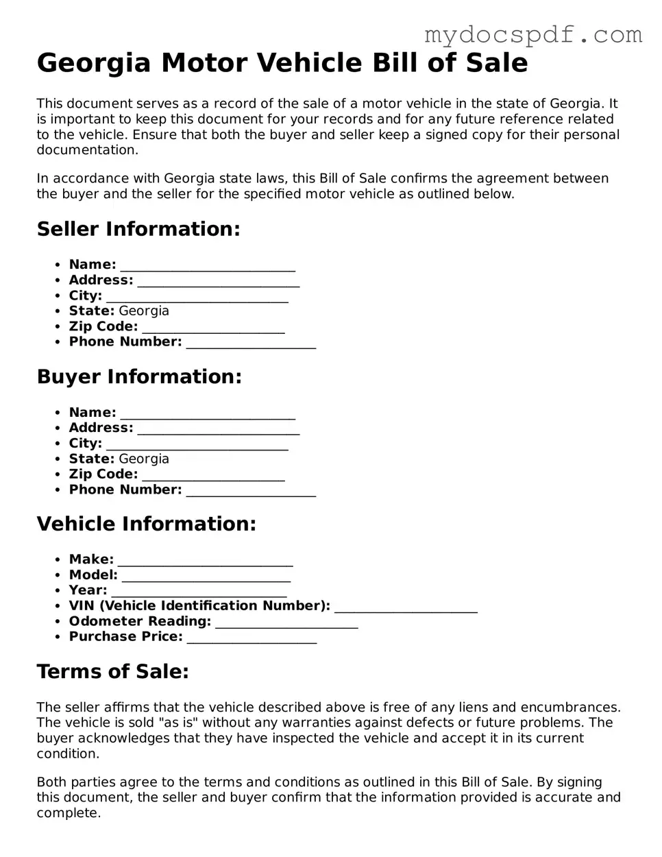 Fillable Georgia Motor Vehicle Bill of Sale Document
