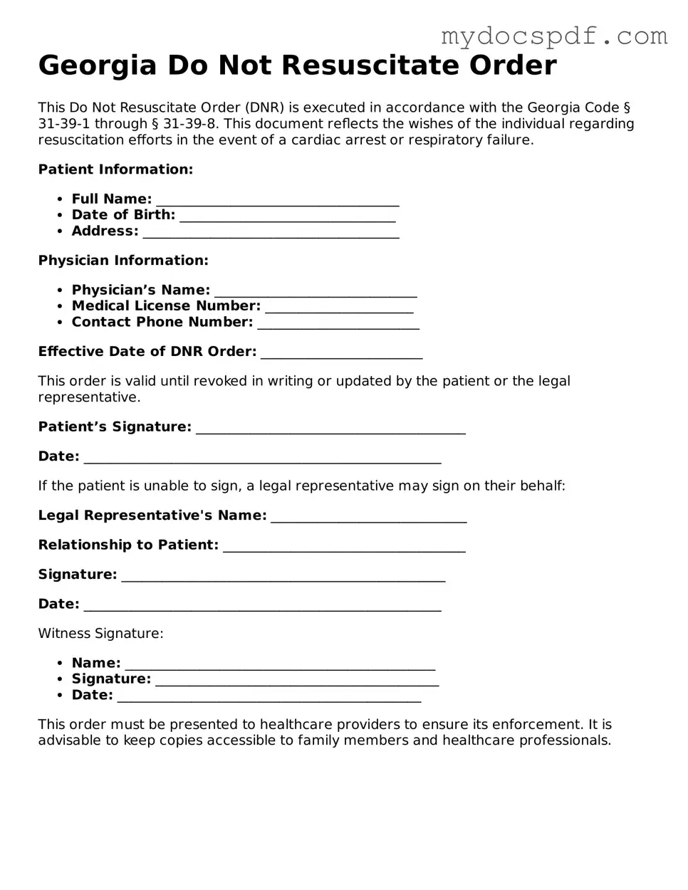 Fillable Georgia Do Not Resuscitate Order Document