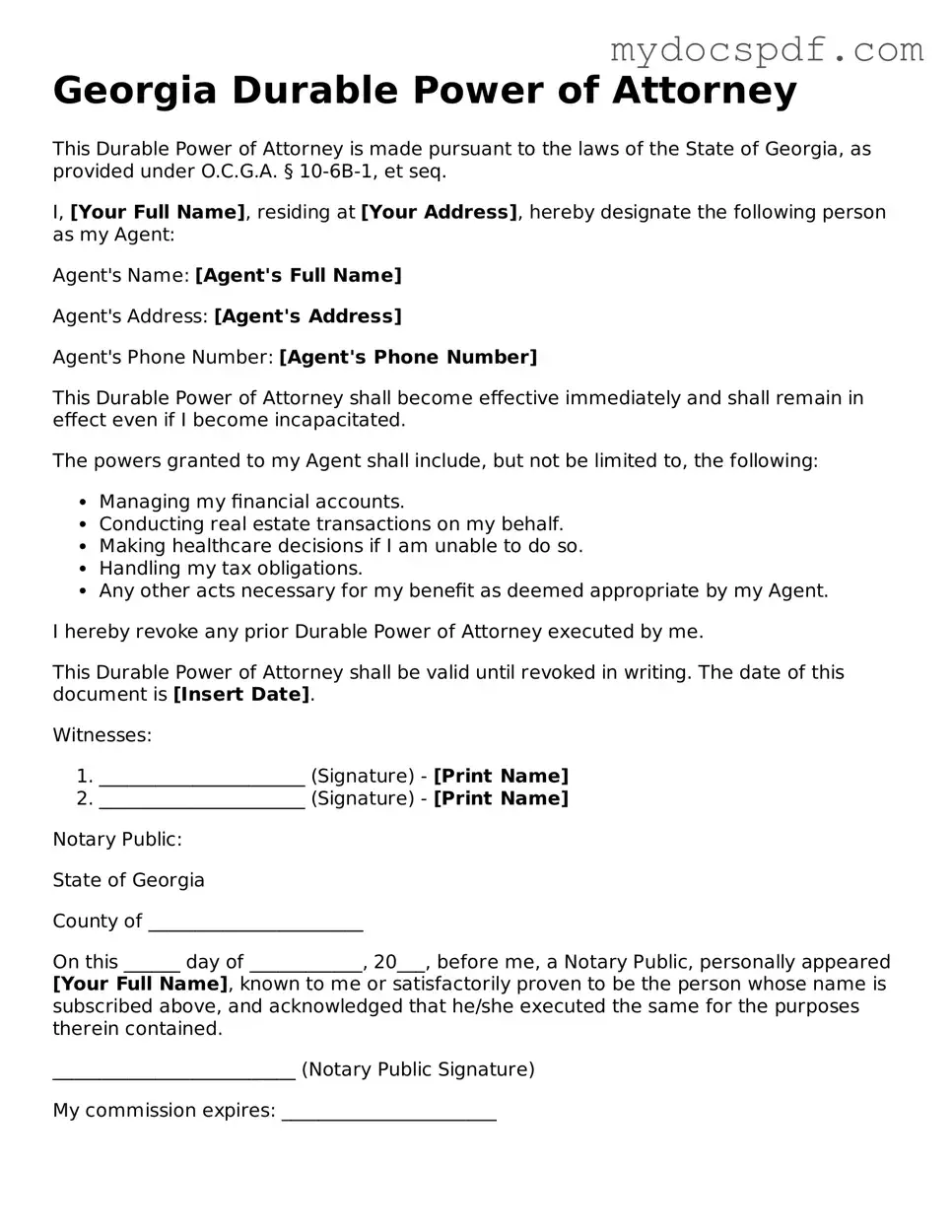 Fillable Georgia Durable Power of Attorney Document
