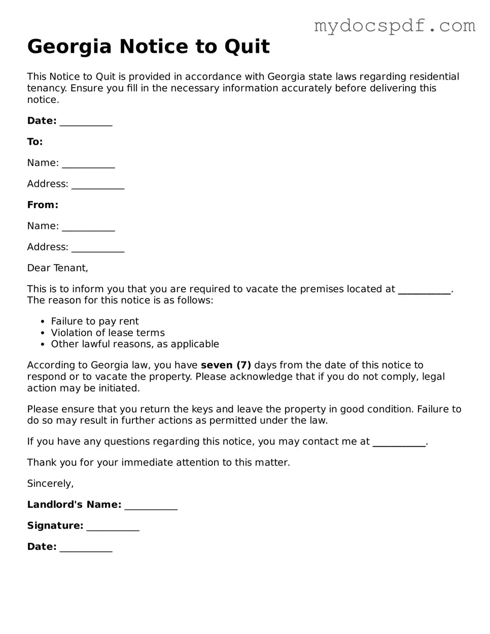 Fillable Georgia Notice to Quit Document