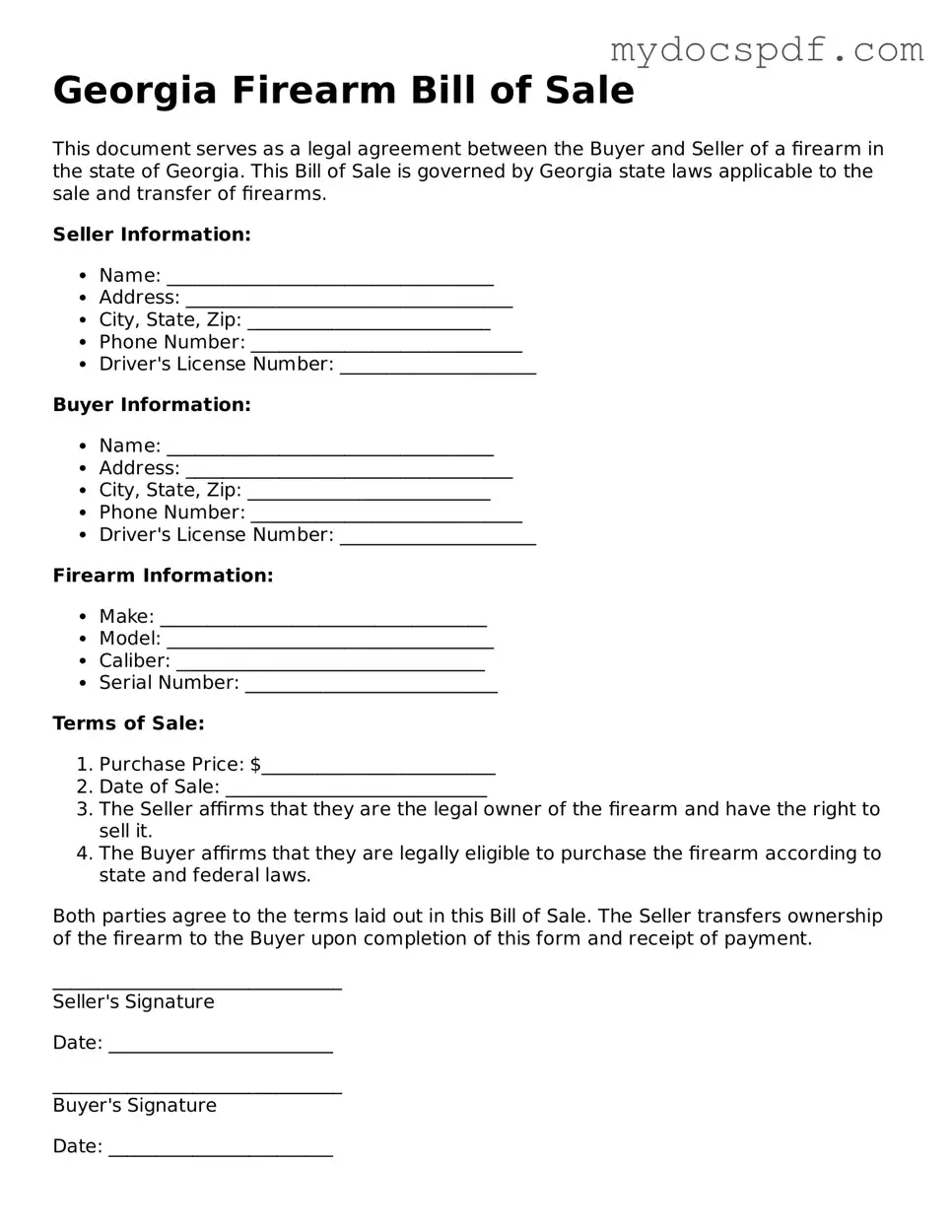 Fillable Georgia Firearm Bill of Sale Document
