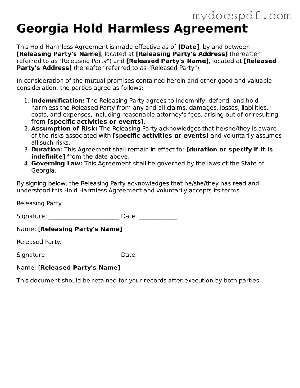 Fillable Georgia Hold Harmless Agreement Document