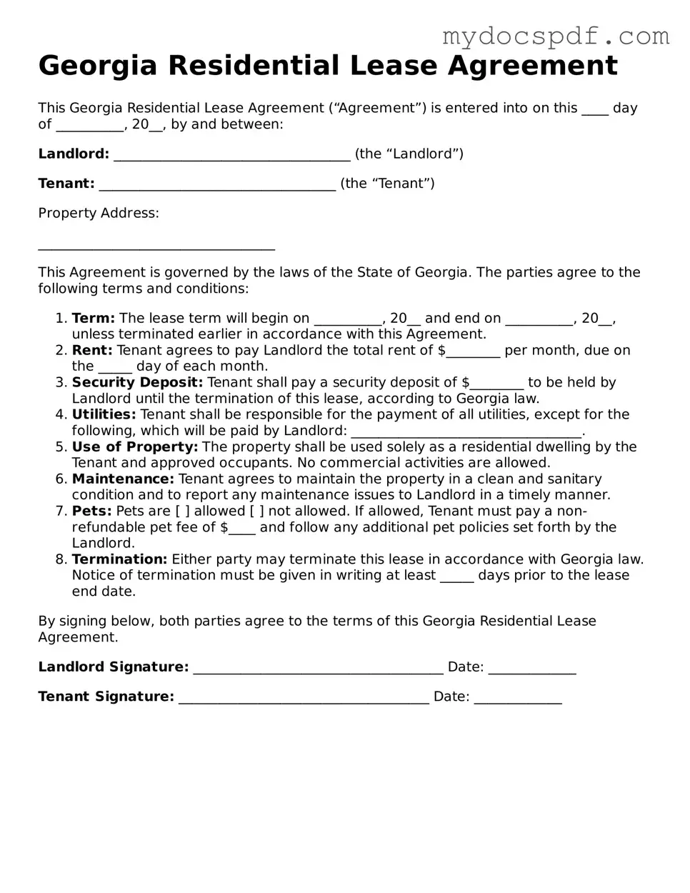 Fillable Georgia Residential Lease Agreement Document