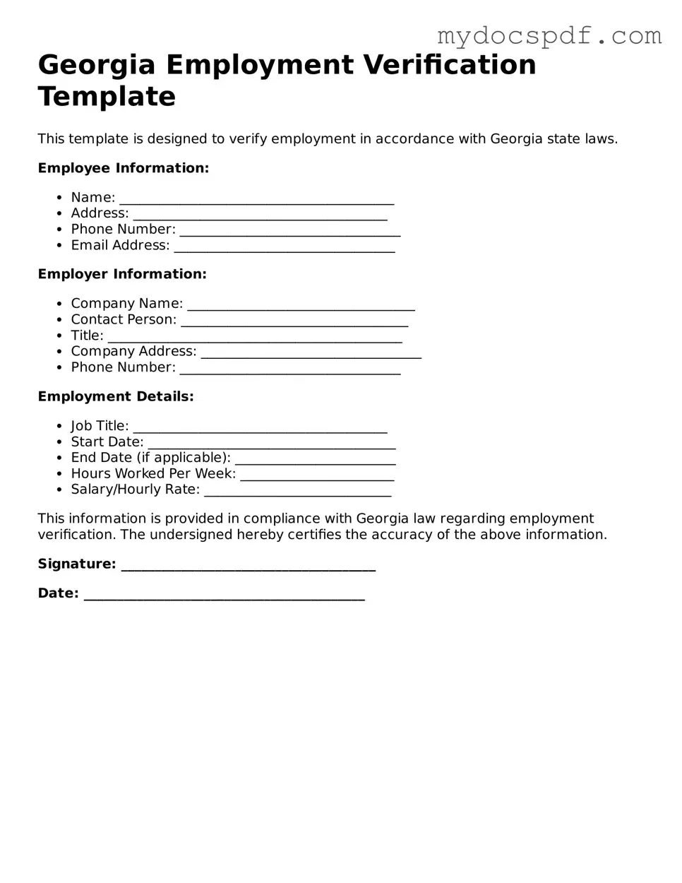 Fillable Georgia Employment Verification Document