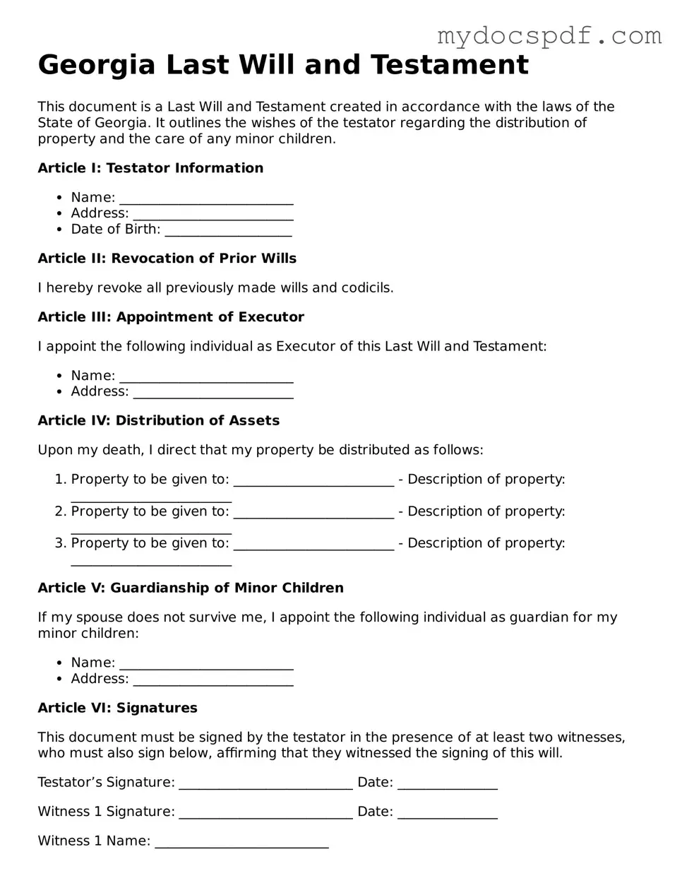Fillable Georgia Last Will and Testament Document
