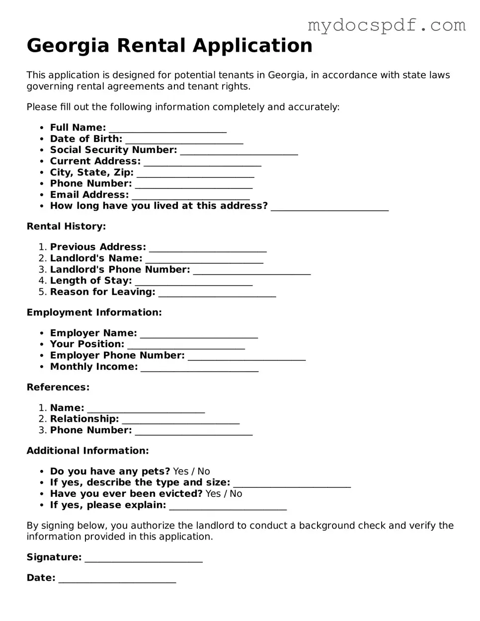 Fillable Georgia Rental Application Document