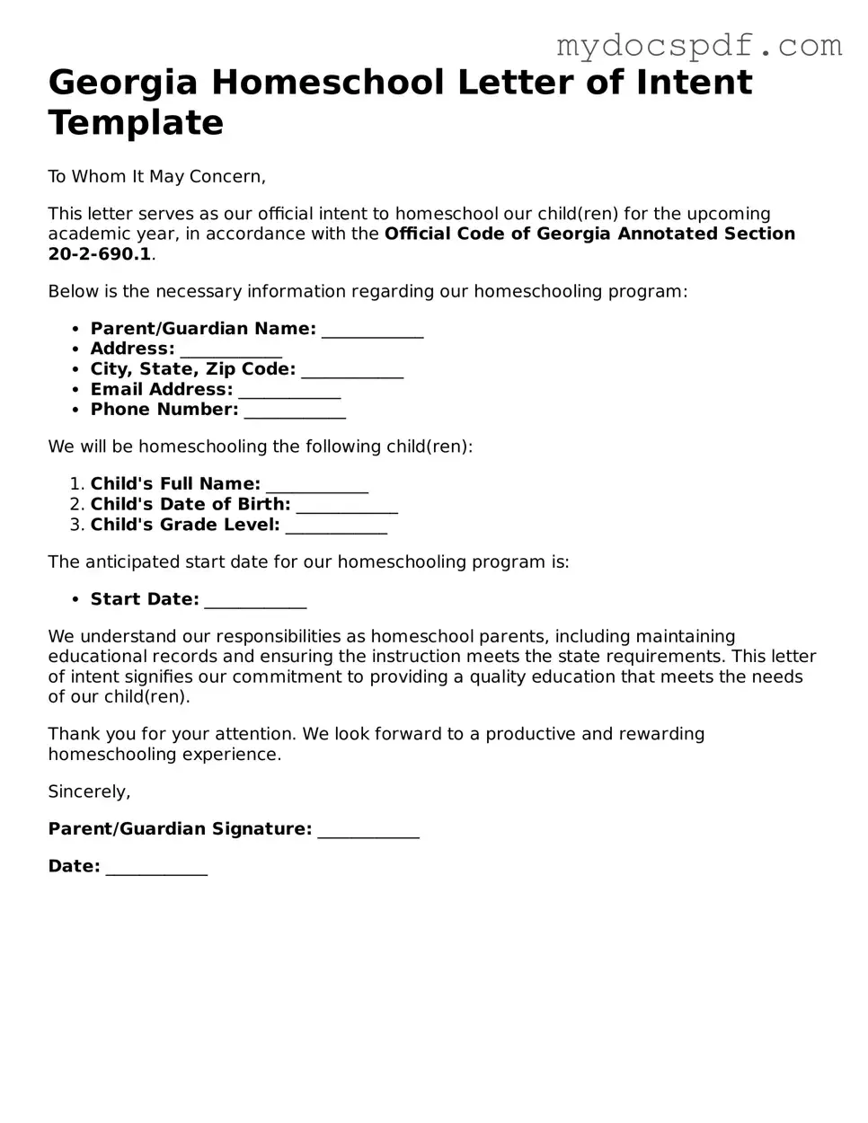 Fillable Georgia Homeschool Letter of Intent Document