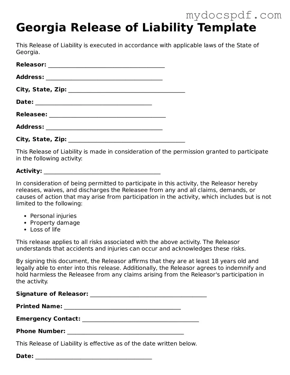 Fillable Georgia Release of Liability Document