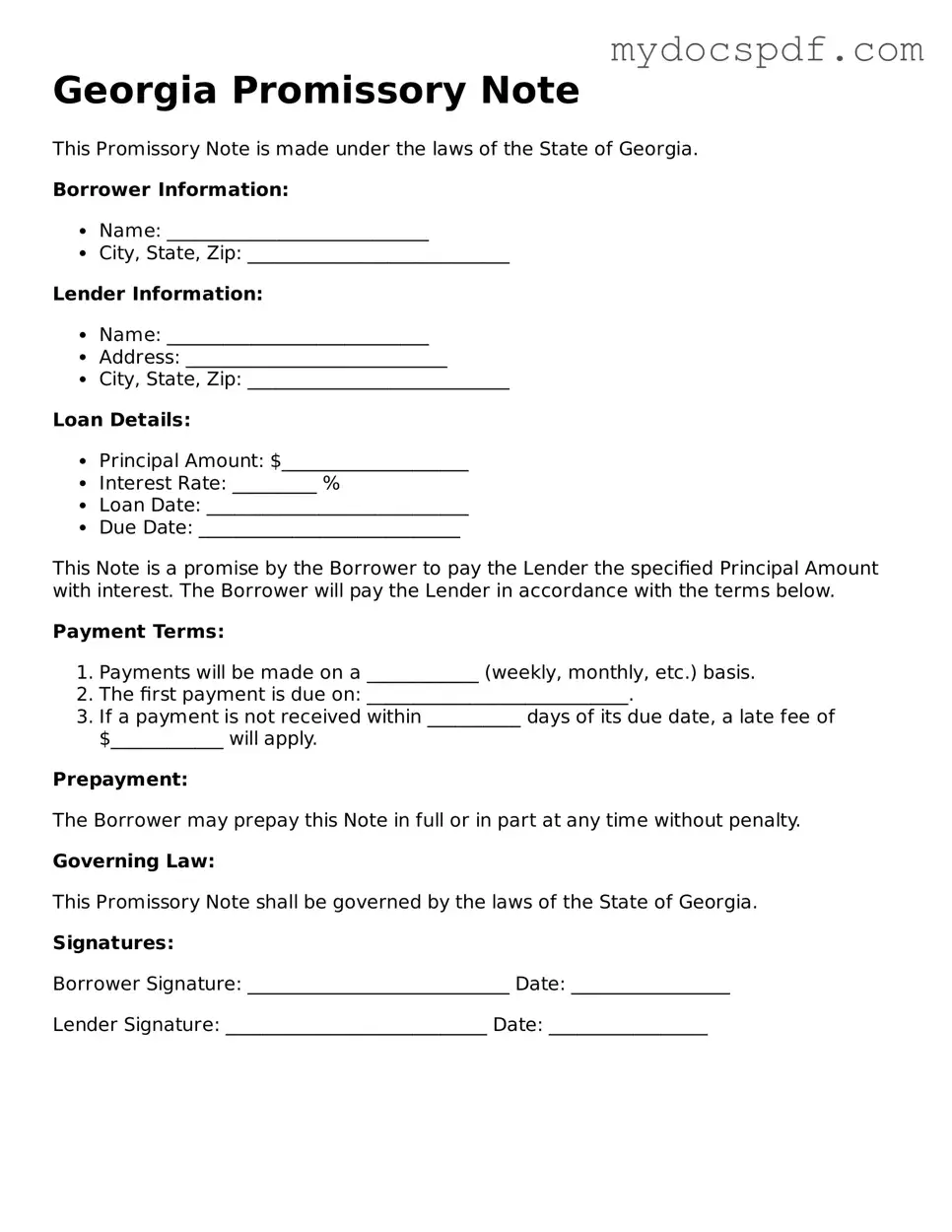 Fillable Georgia Promissory Note Document