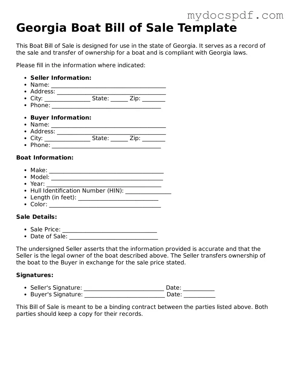 Fillable Georgia Boat Bill of Sale Document